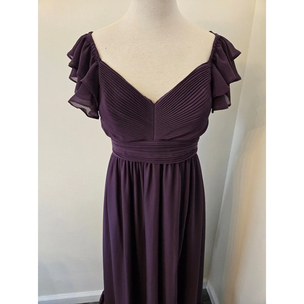 Birdy Grey Plum Purple Michelle Chiffon Ruffle Flutter Maxi Bridesmaid Dress M - Picture 3 of 13